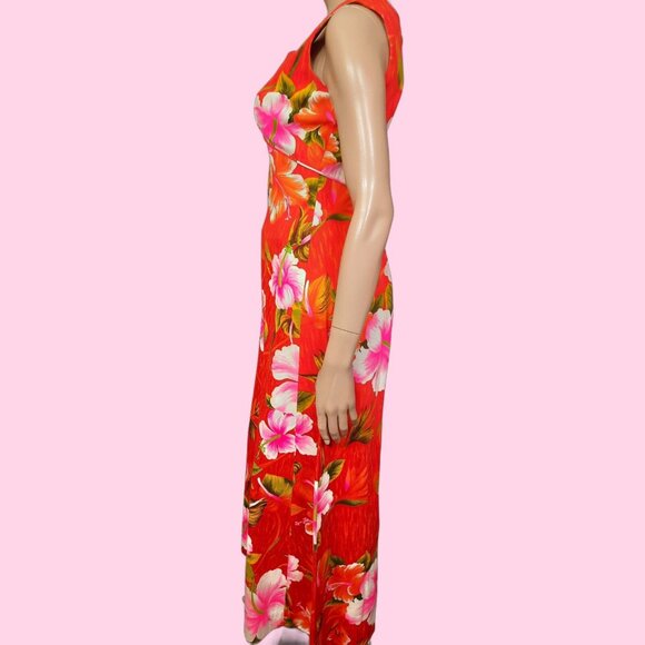 Vintage Royal Hawaiian Barkcloth Maxi Dress Womens M Sleeveless Orange Pink - Picture 4 of 9